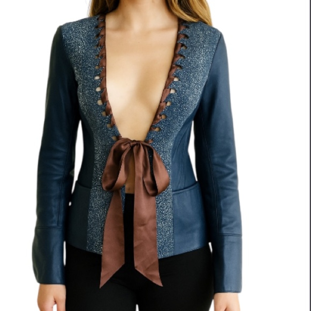 Dianaira Blue Leather Jacket Embossed Suede Polka Dots Cutout Brown Ribbon 0 6/8